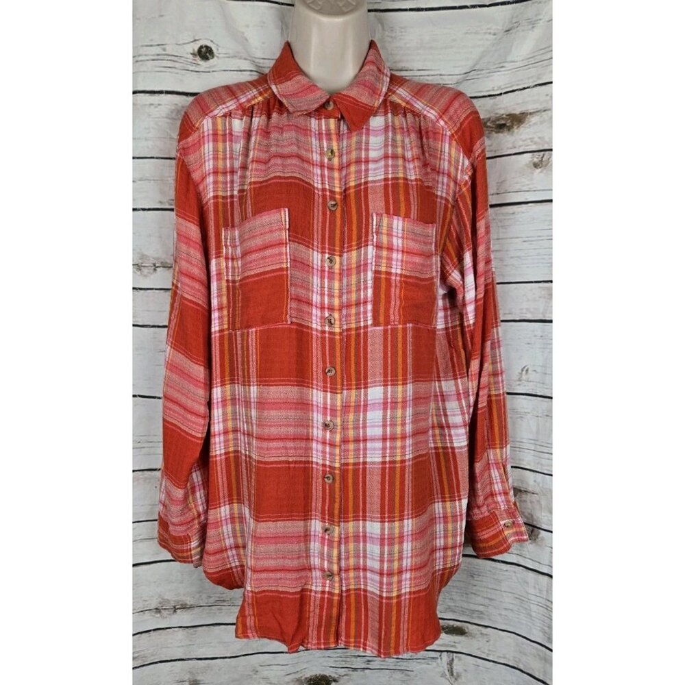 Anthropologie Pilcro Relaxed Plaid Button Down Top M Lightweight Flannel Orange